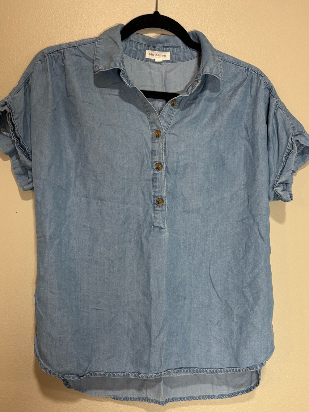 Magnolia Boutique- Blu Pepper Light Blue Denim Short-Sleeve Henley Shirt